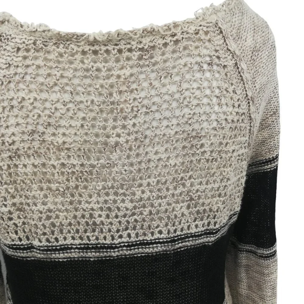 Free People Open Knit Tunic Hi Low Sweater Size S Striped Boho Bohemian Beige
